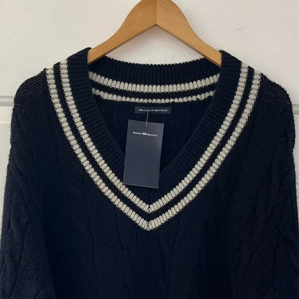 Brandy Melville Oversized V-Neck Knit Preppy-Academia-Varsity Wool Sweater